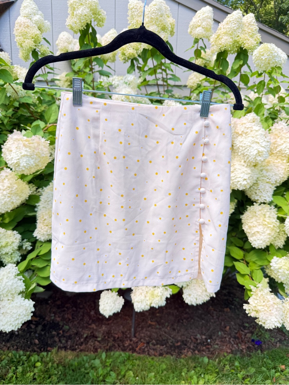 Cream Mini Skirt with Yellow Polka Dots and Side Button Detail